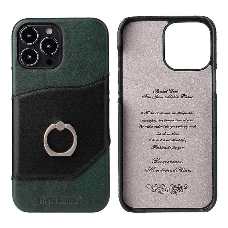 360° iPhone 15 Ring Kickstand Real Leather Cover