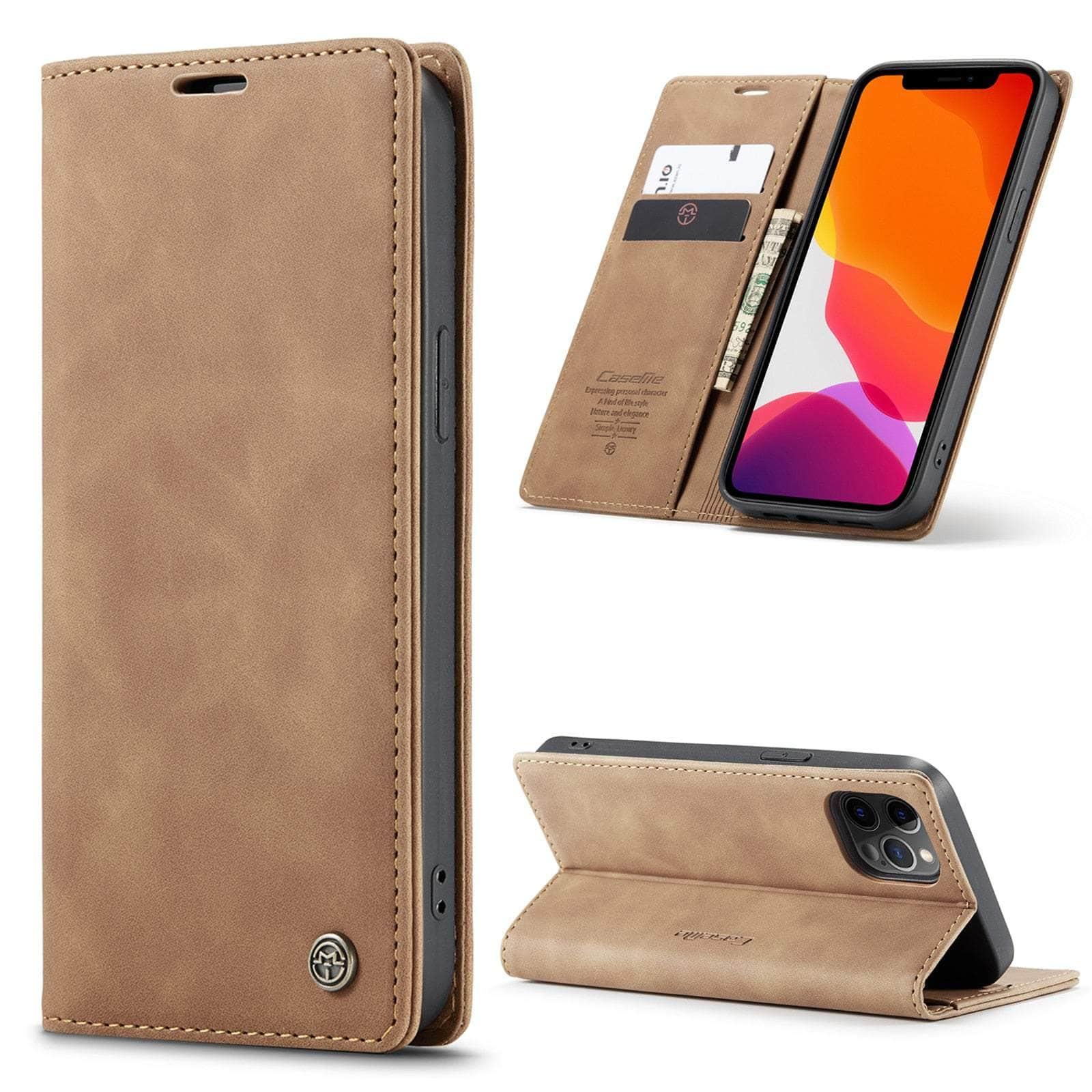 Casebuddy For iPhone 14 Max / Dark Brown CaseMe iPhone 14 Max Retro Magnetic Card Leather Wallet