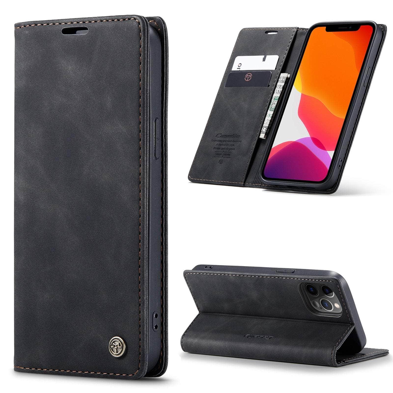 Casebuddy For iPhone 14 Max / Black CaseMe iPhone 14 Max Retro Magnetic Card Leather Wallet
