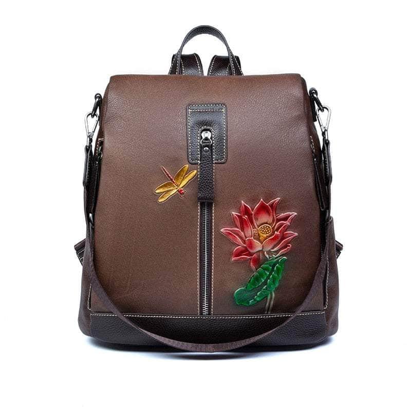 Casebuddy Flower Pattern Vintage Genuine Leather Backpack