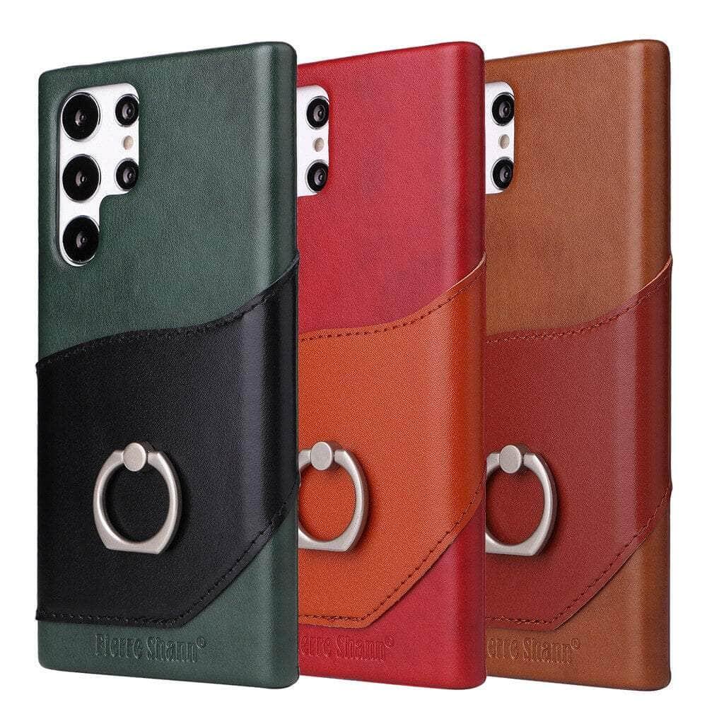 CaseBuddy Australia Casebuddy Genuine Leather Back Cover Metal Ring Finger Holder S22 Card Pocket