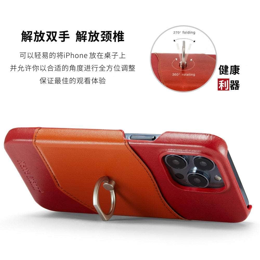 360° iPhone 15 Pro Max Ring Kickstand Real Leather Cover