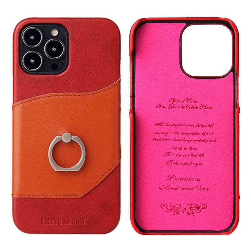 Casebuddy Red / iPhone 15 Pro Max 360° iPhone 15 Pro Max Ring Kickstand Real Leather Cover