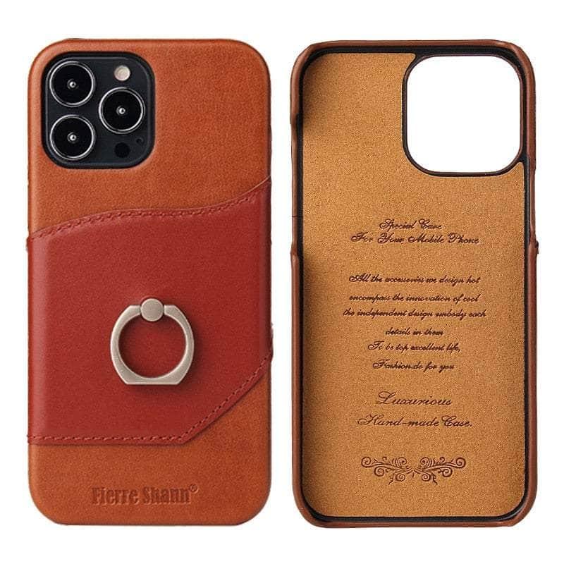 360° iPhone 15 Pro Max Ring Kickstand Real Leather Cover