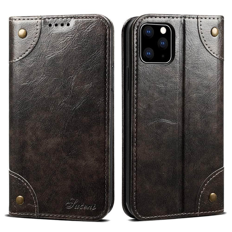 Casebuddy Black / For Iphone 15 ProMax Classic iPhone 15 Pro Max Wallet Flip Genuine Leather Case