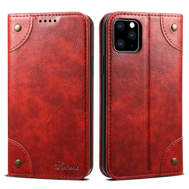 Casebuddy Red / For Iphone 15 ProMax Classic iPhone 15 Pro Max Wallet Flip Genuine Leather Case