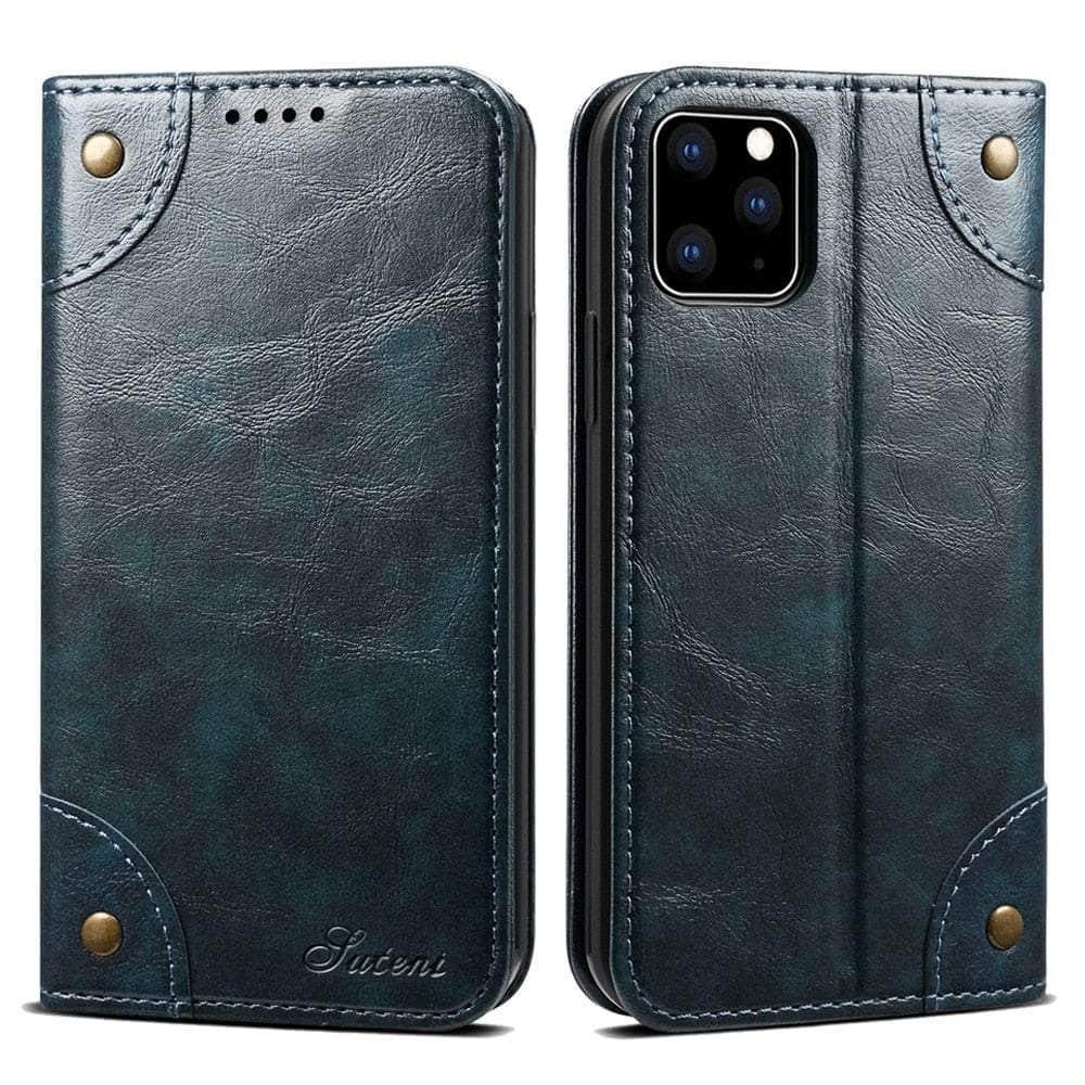 Casebuddy Dark Blue / For Iphone 15 Classic iPhone 15 Wallet Flip Genuine Leather Case