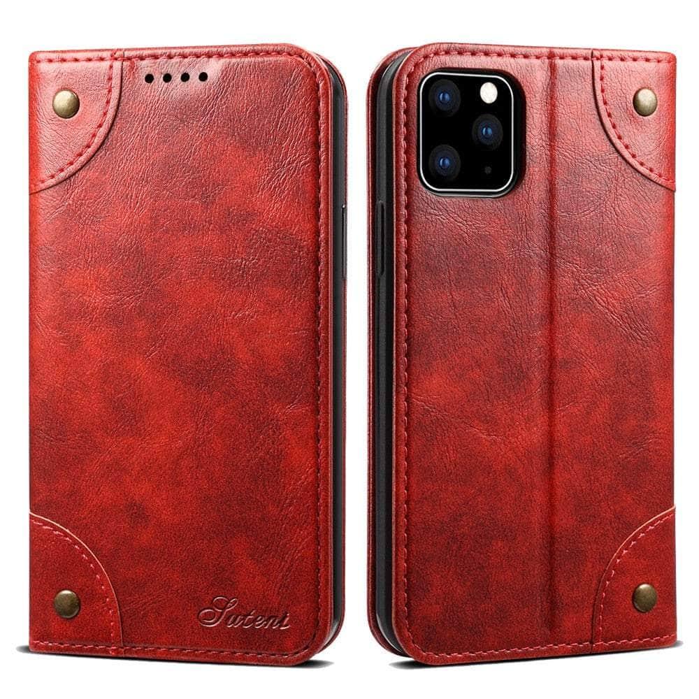 Casebuddy Red / For Iphone 15 Classic iPhone 15 Wallet Flip Genuine Leather Case