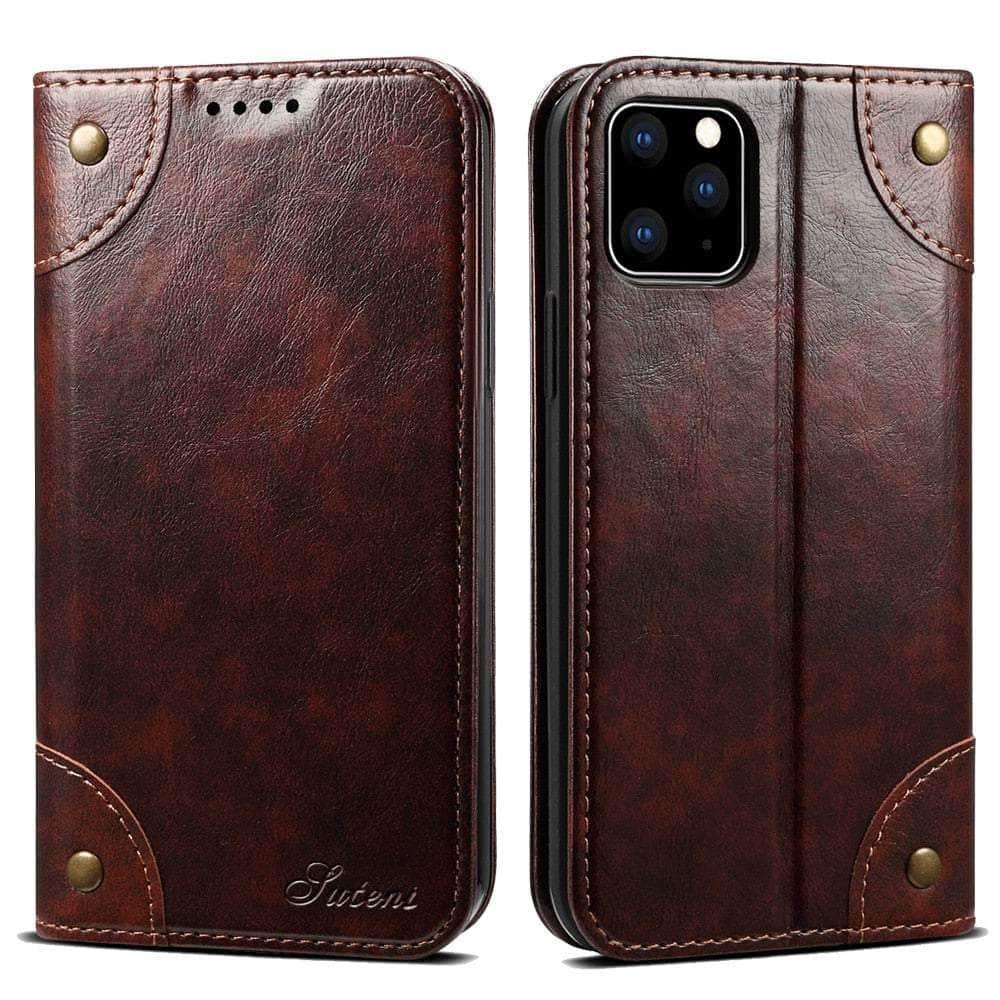 Casebuddy Dark Brown / For Iphone 15 Classic iPhone 15 Wallet Flip Genuine Leather Case