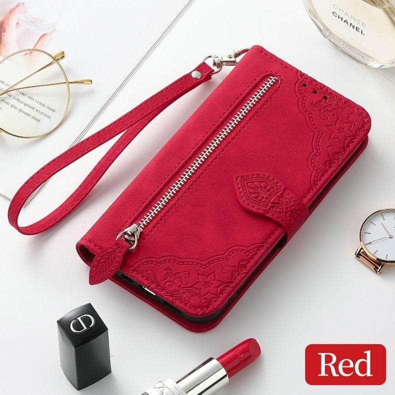 Casebuddy Red / Case & Strap / A14 5G Luxury Zipper Leather Card Book Galaxy A14 Etui