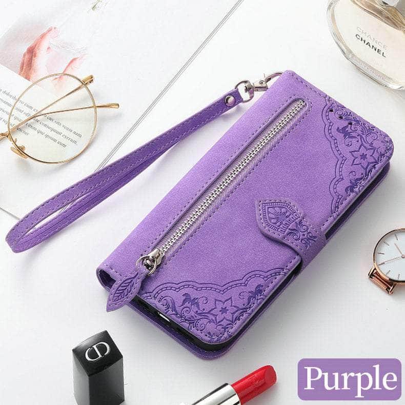Casebuddy Purple / Case & Strap / A14 5G Luxury Zipper Leather Card Book Galaxy A14 Etui