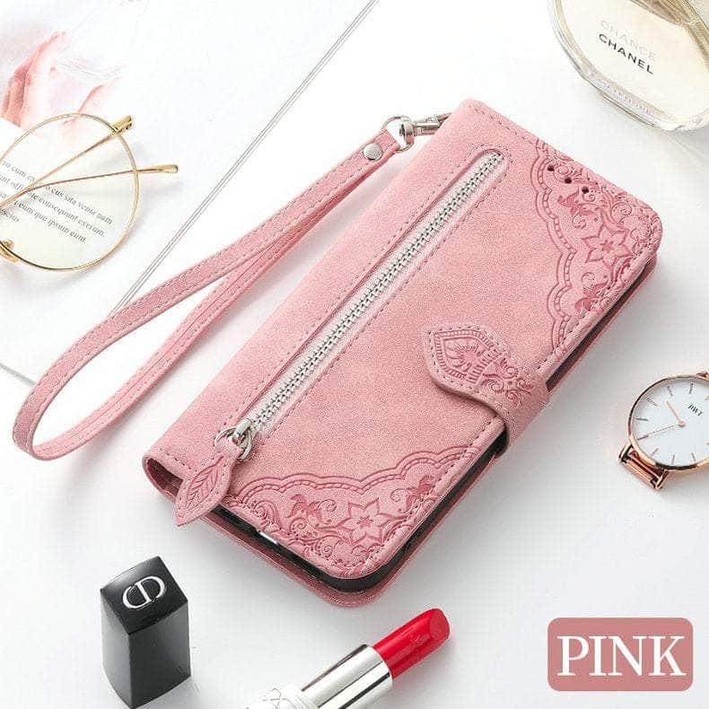 Casebuddy Pink / Case & Strap / A14 5G Luxury Zipper Leather Card Book Galaxy A14 Etui