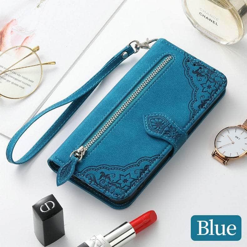 Casebuddy Blue / Case & Strap / A24 4G Luxury Zipper Leather Card Book Galaxy A24 Etui