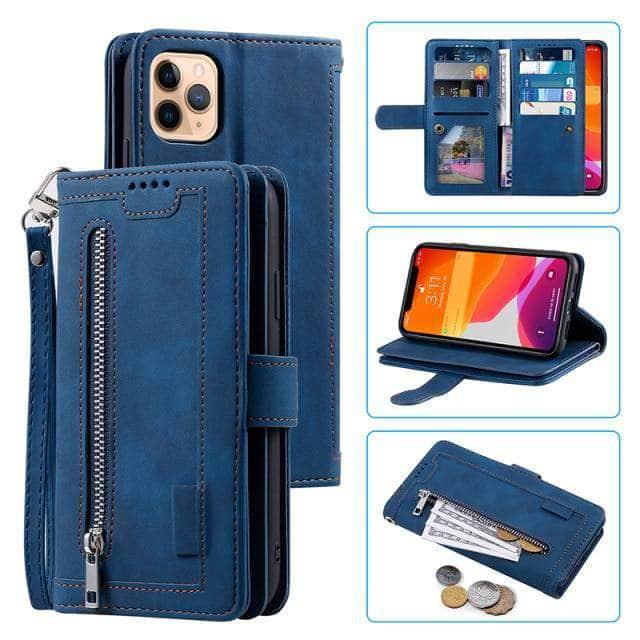 CaseBuddy Australia Casebuddy For iPhone 13 Mini / Blue 9 Cards Zipper Flip iPhone 13 Mini Leather Case