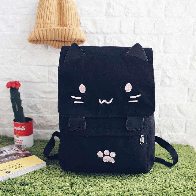 Cute Cat Canvas Backpack Cartoon Embroidery Teenage Girls School Bag - CaseBuddy