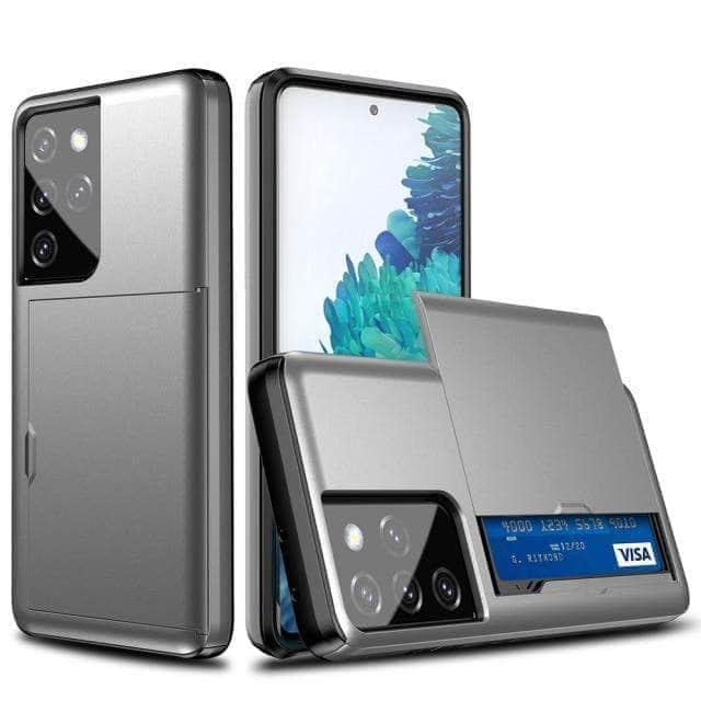 CaseBuddy Australia Casebuddy for Galaxy S21 Ultra / Gray Dual Layer Slide Card Slot Samsung Galaxy Protective Hard Case