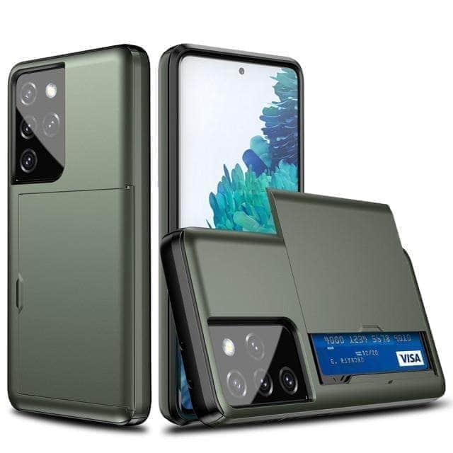 CaseBuddy Australia Casebuddy for Galaxy S21 Ultra / Army green Dual Layer Slide Card Slot Samsung Galaxy Protective Hard Case