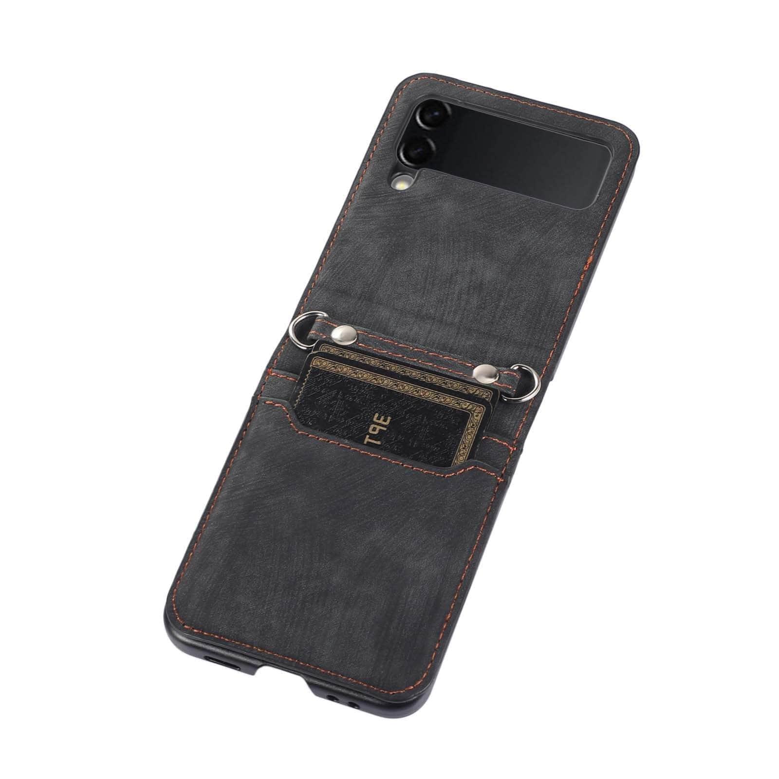 Casebuddy Black / Samsung Flip 4 Galaxy Z Flip 4 Lanyard Leather Case