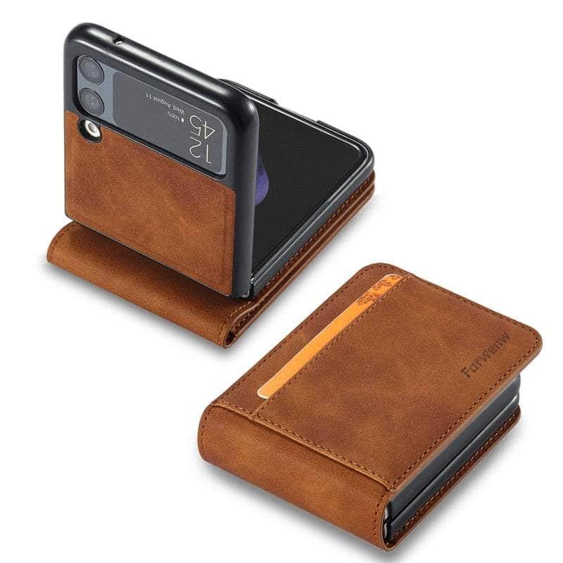 Casebuddy For Samsung Z Flip 4 / Brown Case Galaxy Z Flip 4 Luxury Leather Wallet