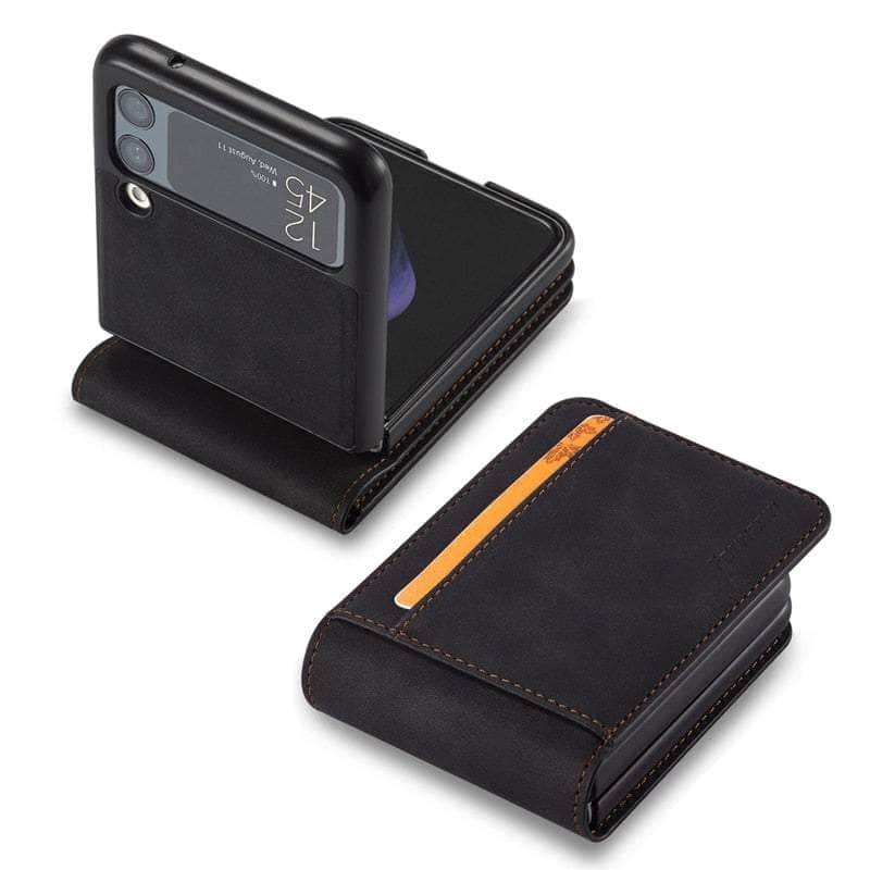Casebuddy For Samsung Z Flip 4 / Black Case Galaxy Z Flip 4 Luxury Leather Wallet