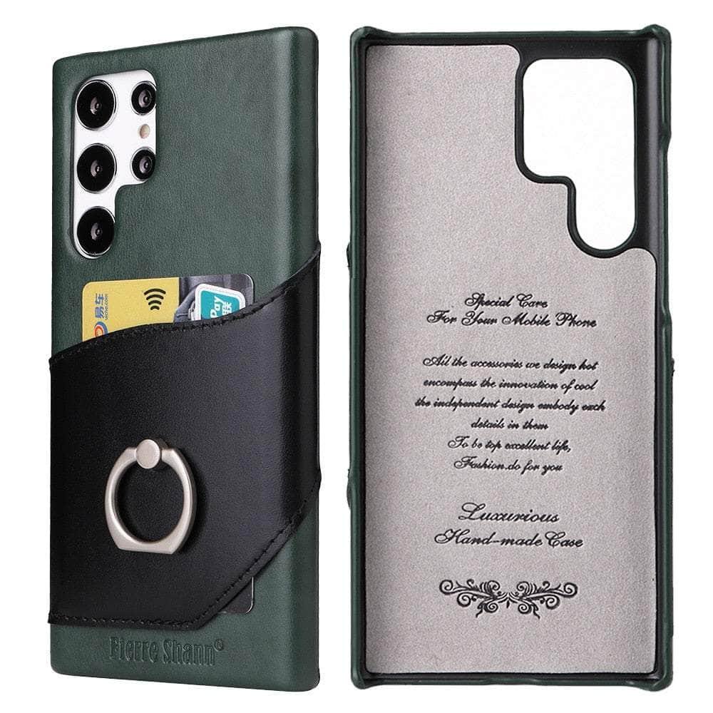 CaseBuddy Australia Casebuddy Genuine Leather Back Cover Metal Ring Finger Holder S22 Plus Card Pocket