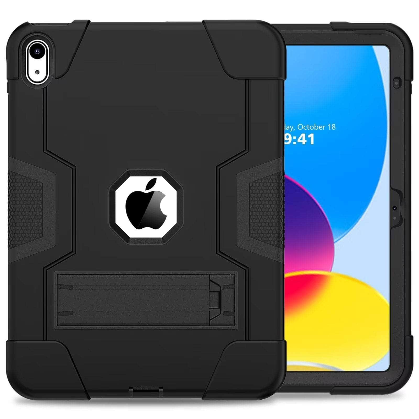 Casebuddy Black-Black iPad 10 2022 Shockproof Kickstand Kid Silicone case