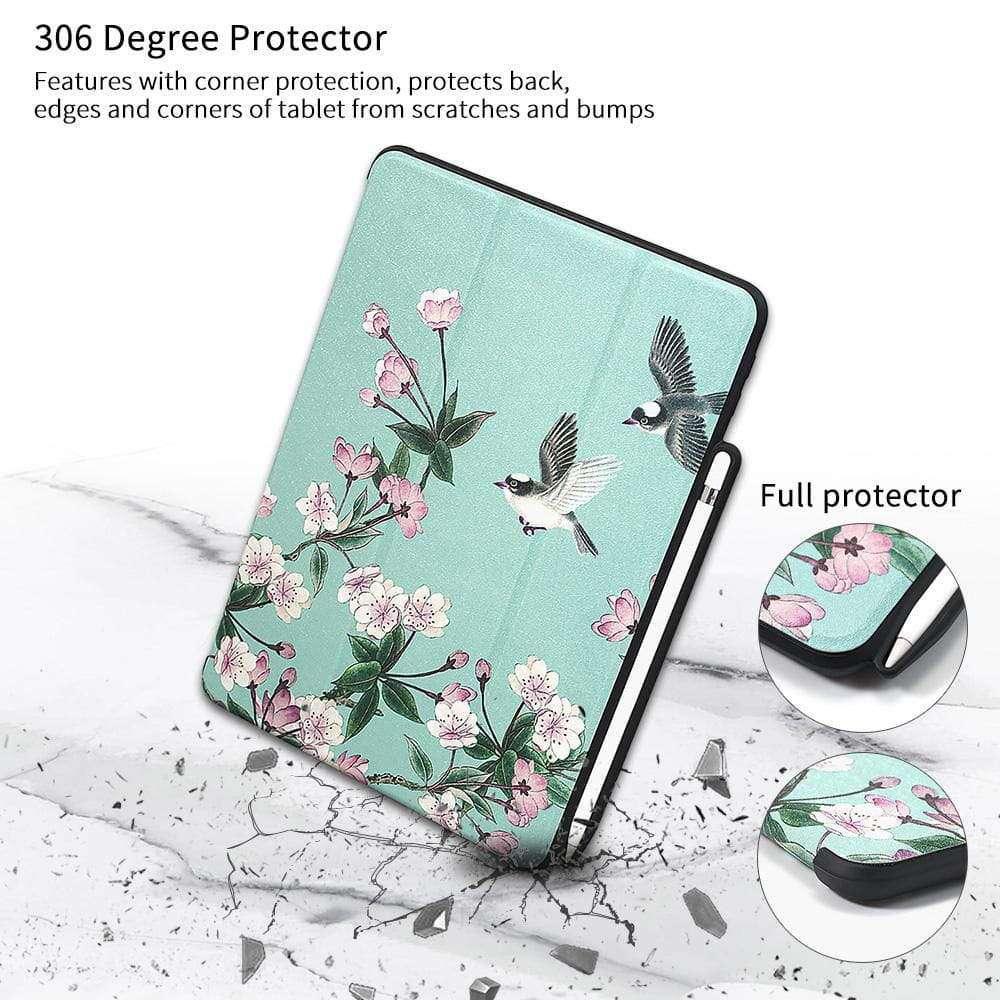 Luxury Silk Pencil Holder Smart Sleep Tri-fold Flowers Cover For iPad 6 - CaseBuddy