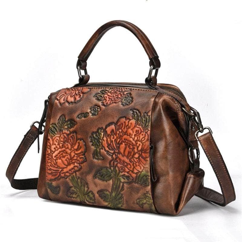 Casebuddy Red Flower Pattern Genuine Leather Women Handbag