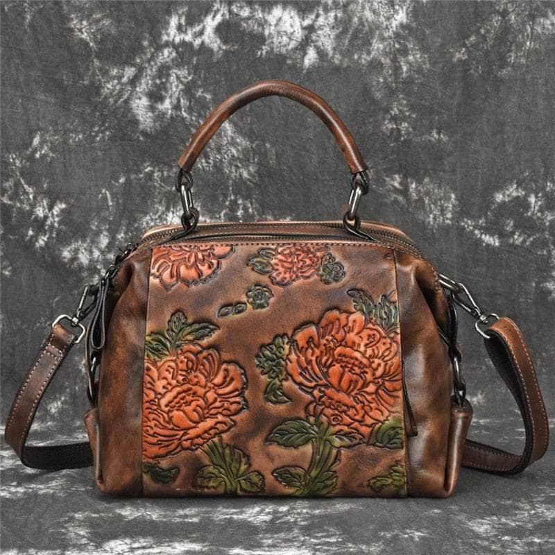 Casebuddy Red Flower Pattern Genuine Leather Women Handbag