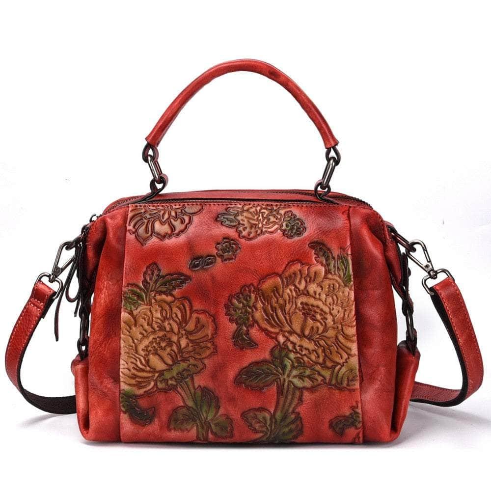 Casebuddy red Red Flower Pattern Genuine Leather Women Handbag