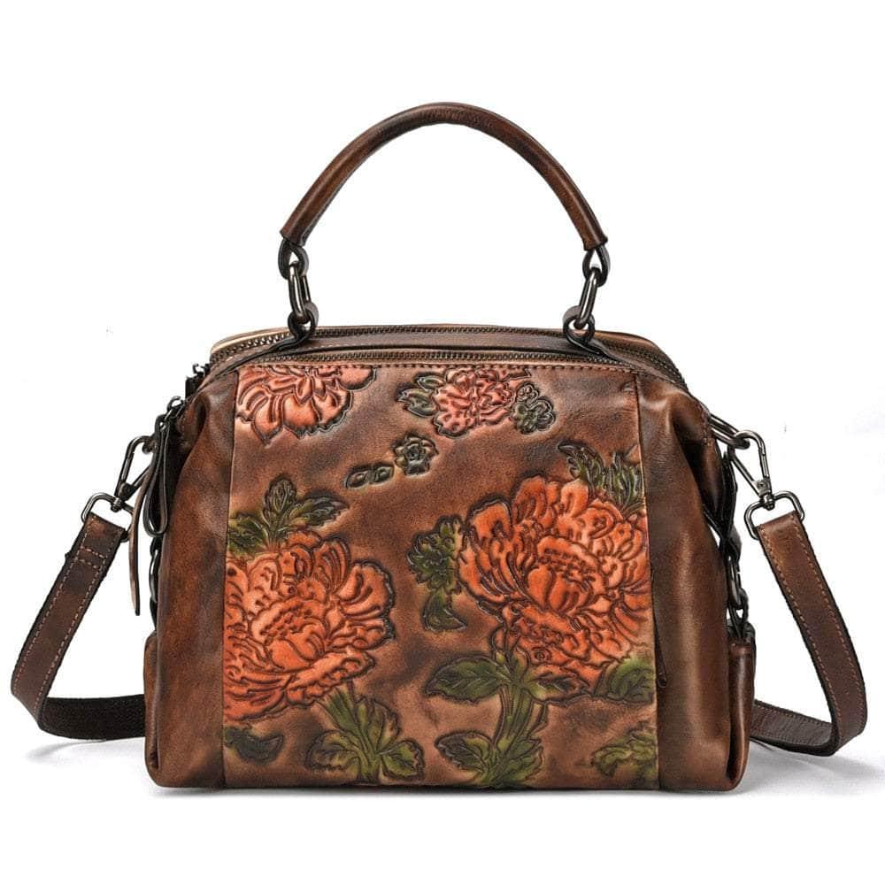 Casebuddy coffee Red Flower Pattern Genuine Leather Women Handbag