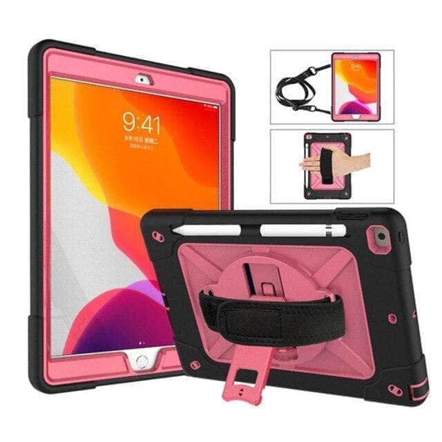 CaseBuddy Casebuddy Black RoseRed Rotating Stand Tablet Case iPad 10.2 2019/2020 (iPad 7/8) Heavy Duty Protector Hand Strap Shoulder Strap