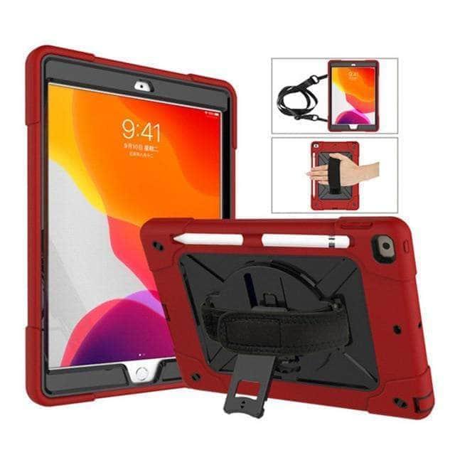 CaseBuddy Casebuddy Red Black Rotating Stand Tablet Case iPad 10.2 2019/2020 (iPad 7/8) Heavy Duty Protector Hand Strap Shoulder Strap