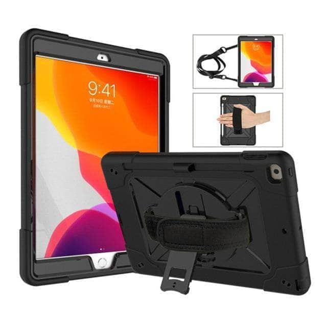 CaseBuddy Casebuddy Black Black Rotating Stand Tablet Case iPad 10.2 2019/2020 (iPad 7/8) Heavy Duty Protector Hand Strap Shoulder Strap