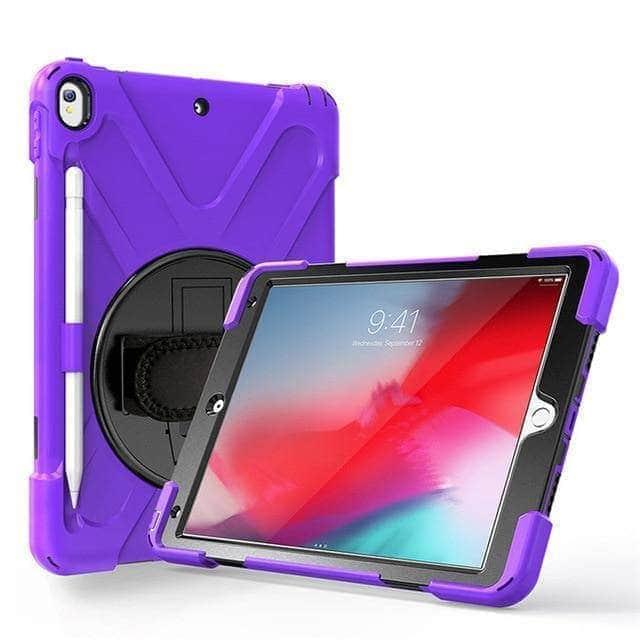 CaseBuddy Casebuddy Purple Shockproof 360 Rotating Silicone Back Cover with Hand Strap Pen Slot iPad Air 3