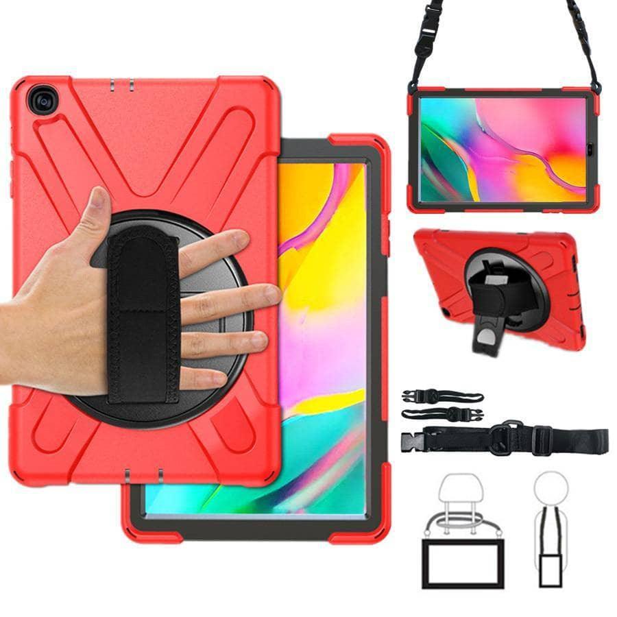 Tab A 10.1 2019 T510 T515 Rugged PC+Silicone Hard Cover 360 Swivel Stand Holder Hand & Neck Strap - CaseBuddy