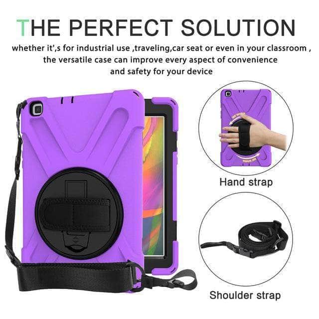 CaseBuddy Casebuddy Purple Tab A 8.0 2019 Heavy Duty Rugged Shockproof Case 360 Rotate Kickstand/Hand+Neck Strap SM-T290 T295 T297
